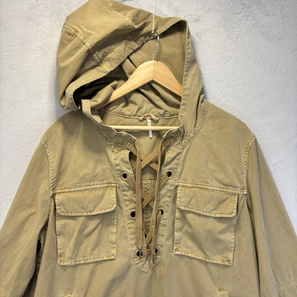 Free People Lace Up Anorak Jacket Womens Large Tan Beige Hooded Utility Cotton - Picture 3 of 10